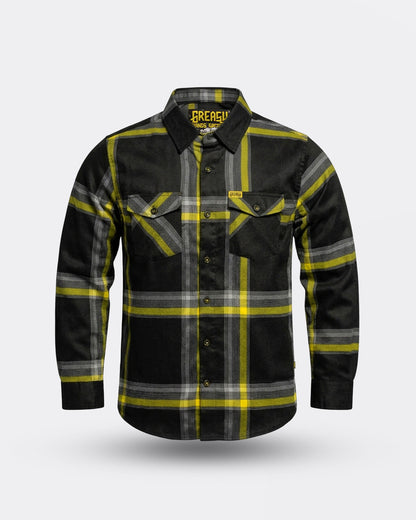 plaid Black and yellow flannel shirt with reflective yellow stripes on a white background - The Eat Dust Flannel from Greasy Hands Society