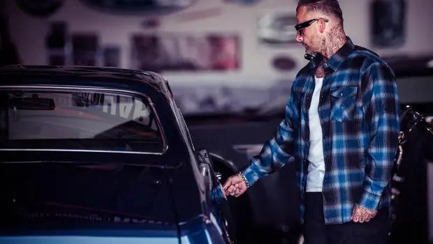 a man opening a the car door on a classic car wearing a ble and black flannel shirt - The Nailhead Flannel by Greasy Hands Society