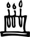 Black and white clipart of a birthday cake with three candles, shown on a plain white background.