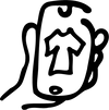A minimalist black line art icon depicting a hand holding a smartphone with a t-shirt graphic on the screen, set against a solid white background.