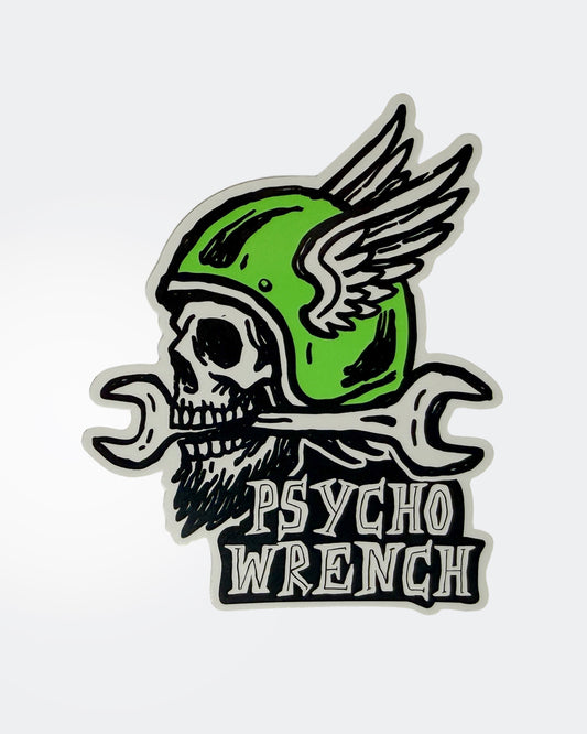 Sticker with a skull wearing a green helmet and wings, holding a wrench, with 'Psycho Wrench' text on a white background.