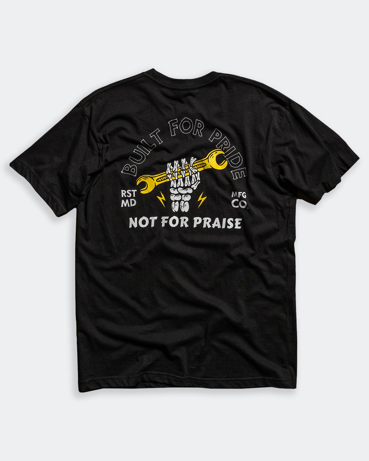 built for pride black graphic t-shirt showing a skull hand raising a wrench flat lay - Built for Pride men's black graphic t-shirt by Greasy Hands Society