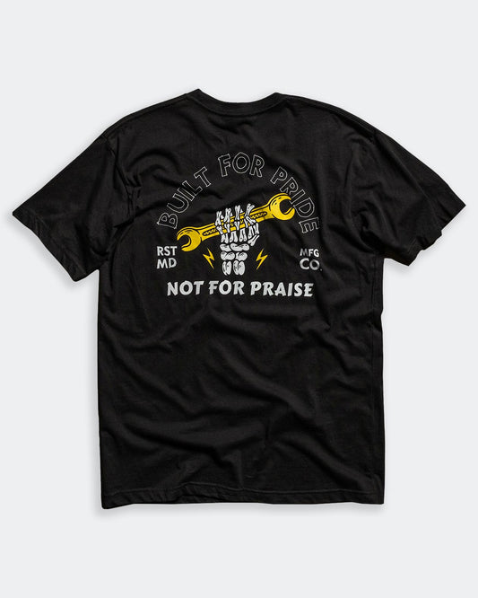 built for pride black graphic t-shirt showing a skull hand raising a wrench flat lay - Built for Pride men's black graphic t-shirt by Greasy Hands Society