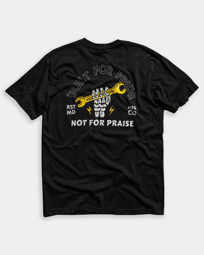 built for pride black graphic t-shirt showing a skull hand raising a wrench flat lay