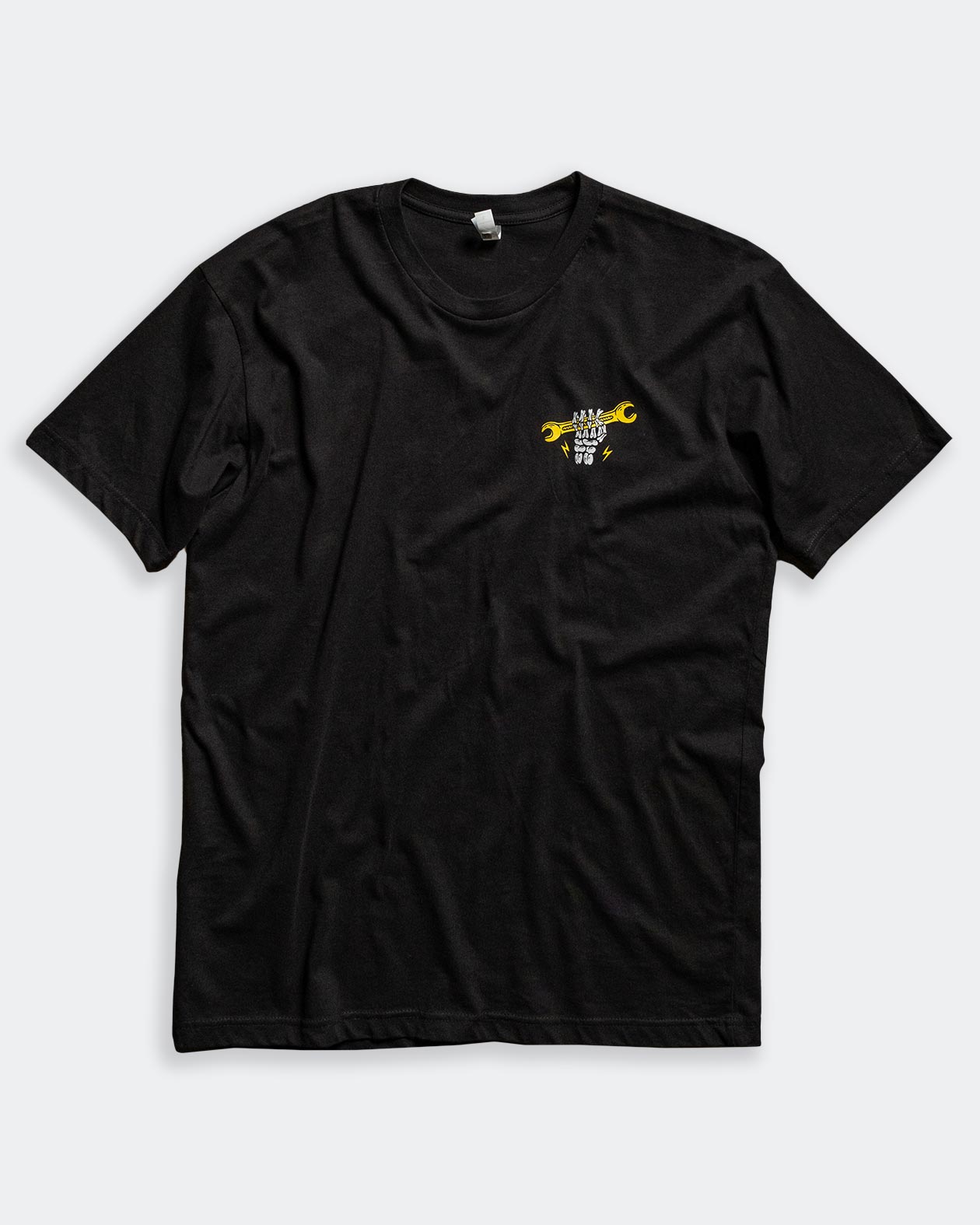 built for pride black graphic tee front left chest graphic of a skeleton holding a wrench - Built for Pride men's black graphic t-shirt by Greasy Hands Society