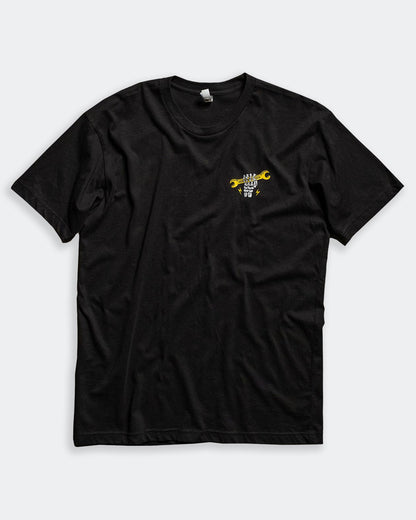 built for pride black graphic tee front left chest graphic of a skeleton holding a wrench - Built for Pride men's black graphic t-shirt by Greasy Hands Society