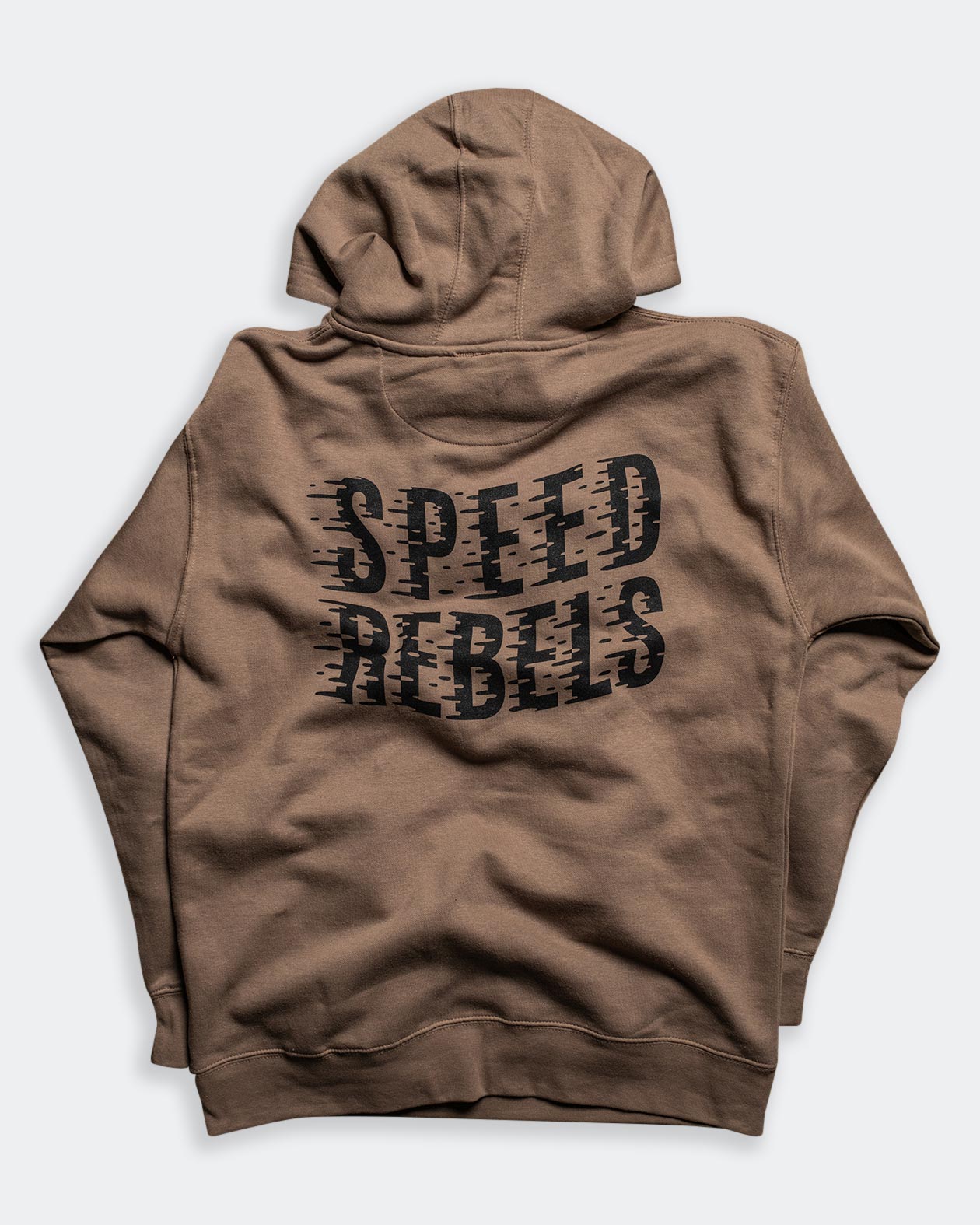 brown speed rebels hoodie back graphic showing the words "speed rebels"