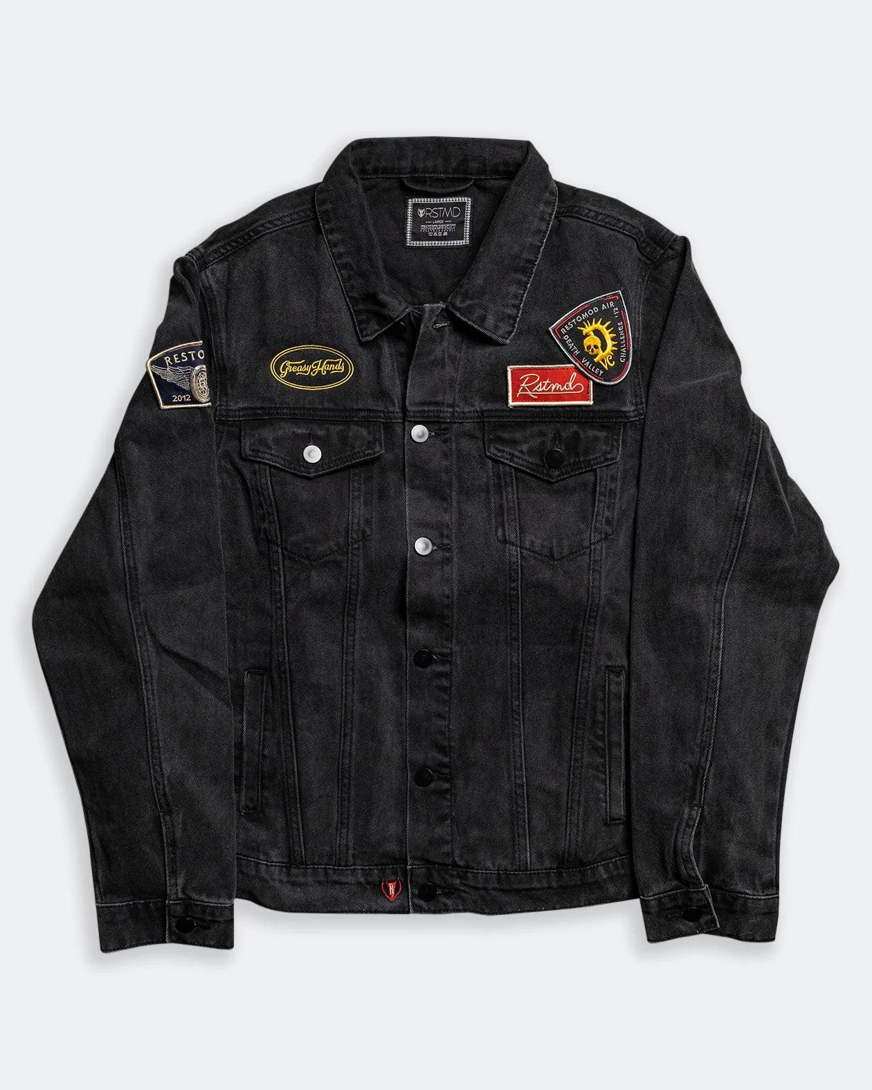 restomod air ten year black denim jacket - greasy hands jacket with patches - front view flat lay