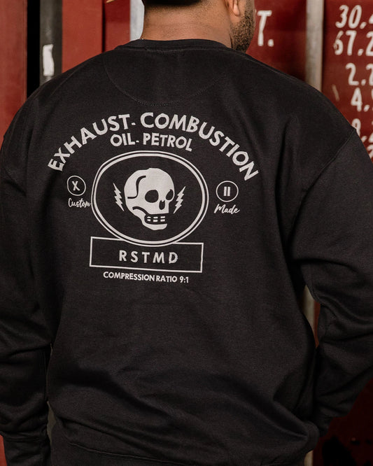 Combustion Premium Crewneck Sweatshirt black sweater showing exhaust combustion oil-petrol RSTMD