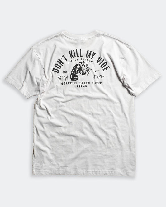 men's don't kill by vibe white graphic tee with black design full back design with a snake on gray background - Don't Kill My Vibe graphic tee by Greasy Hands Society
