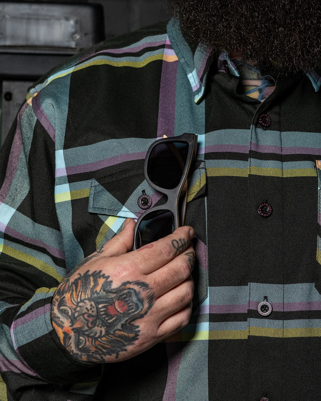 Pinstriper Flannel blue pink yellow and black plaid flannel pattern with sunglasses - Greasy Hands Society 