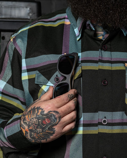 Pinstriper Flannel blue pink yellow and black plaid flannel pattern with sunglasses - Greasy Hands Society 