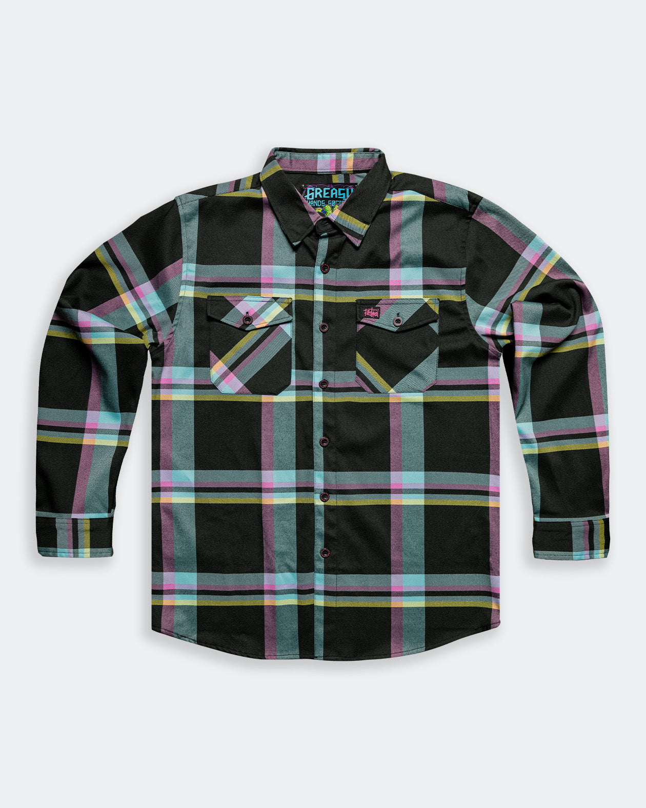 pinstriper pink blue and yellow flannel flat lay front view on gray