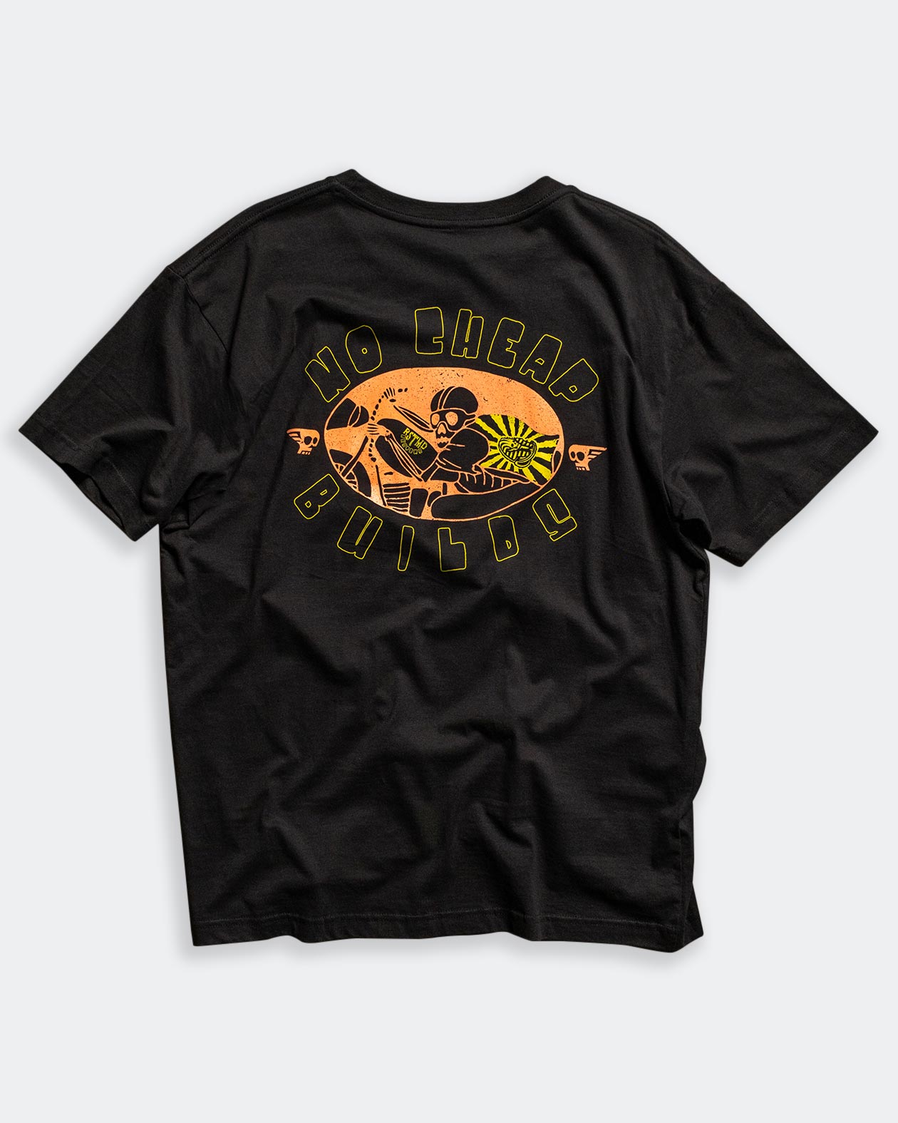 no cheap builds black tee with full back graphic of a motorcycle rider