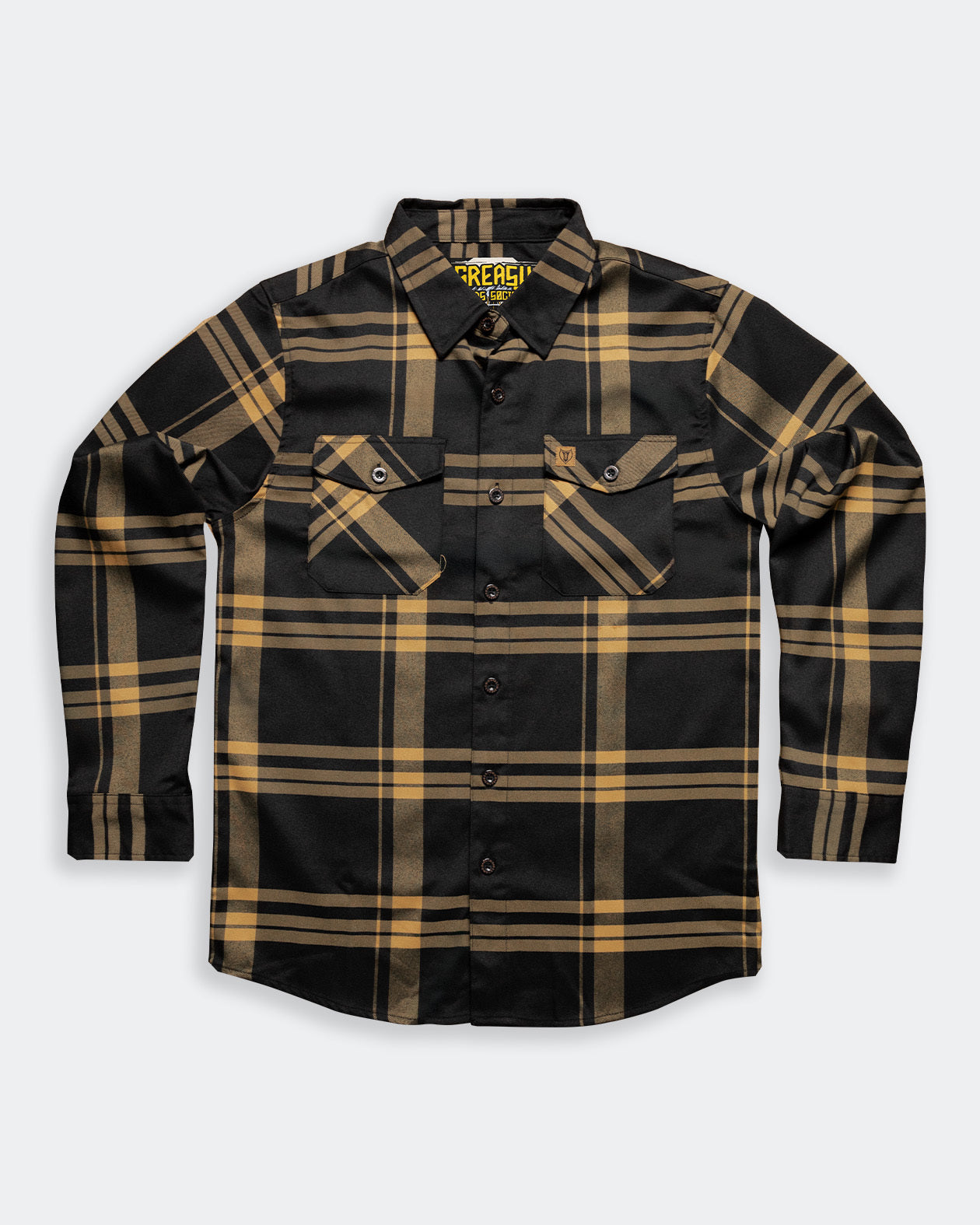 two lane black and gold flannel flat lay front view on gray