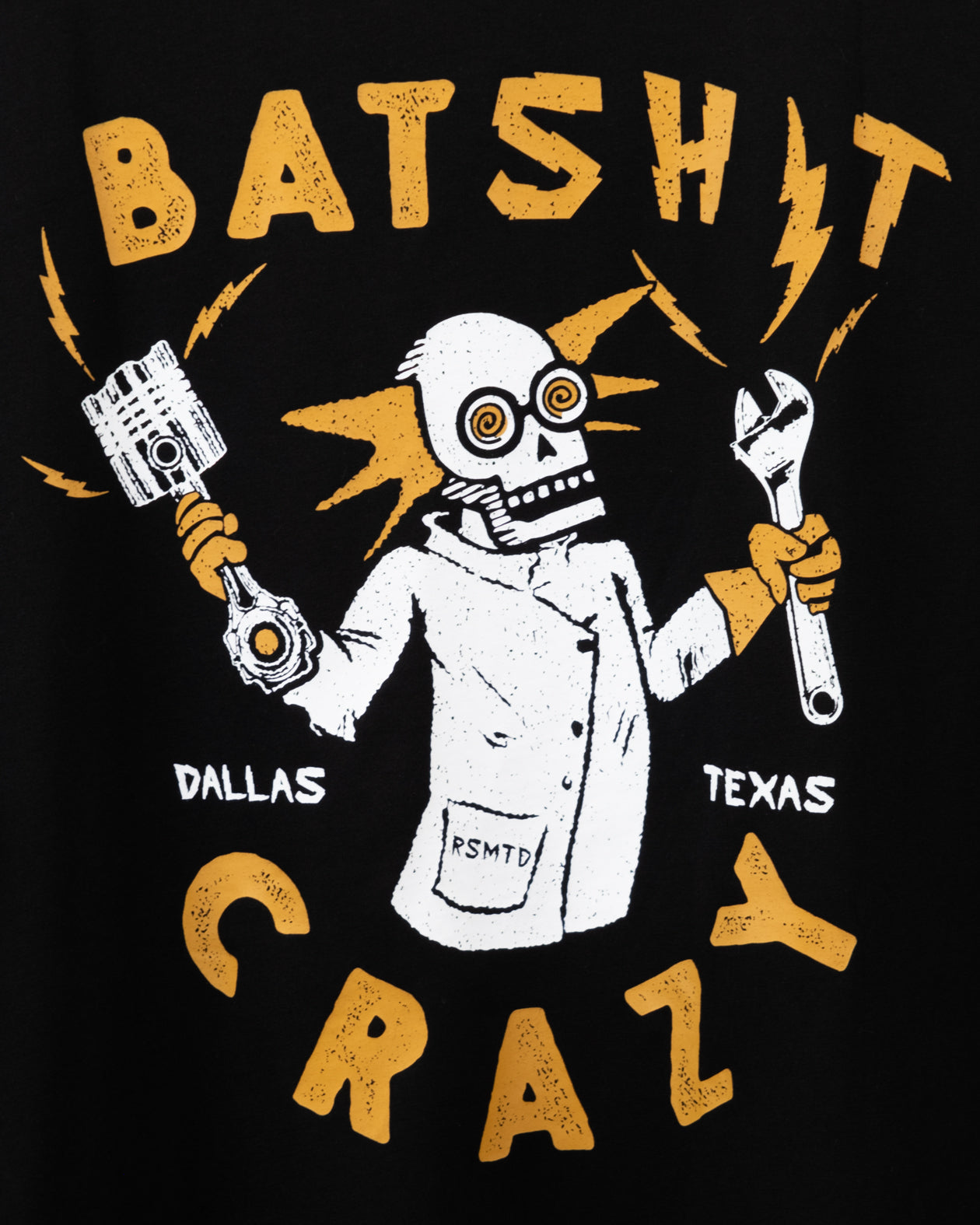 batshit crazy black tshirt back graphic of a mad scientist