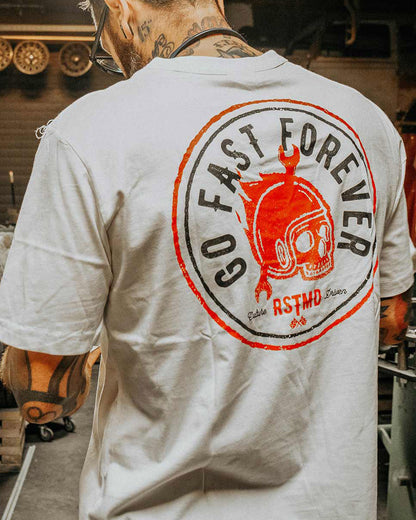 go fast forever graphic t-shirt on a model