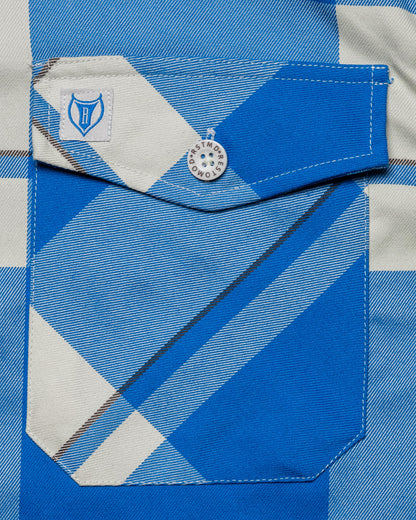 the f**kin problems flannel blue and white flannel front pocket detail