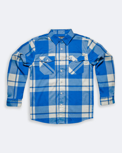 blue and white flannel by greasy hands society called f**kin problems - flat lay view on gray