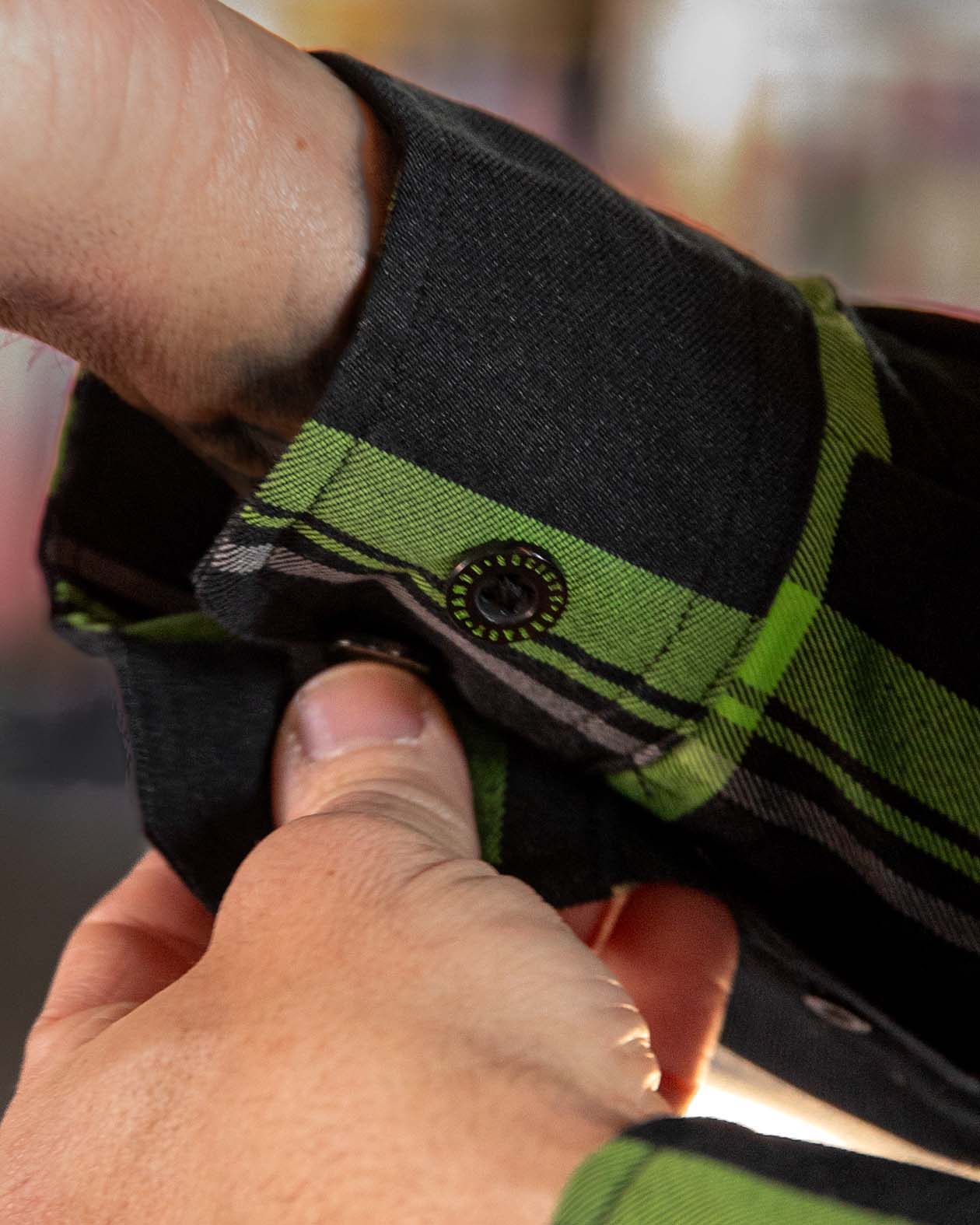 the motorcycle flannel black and green flannel cuff detail