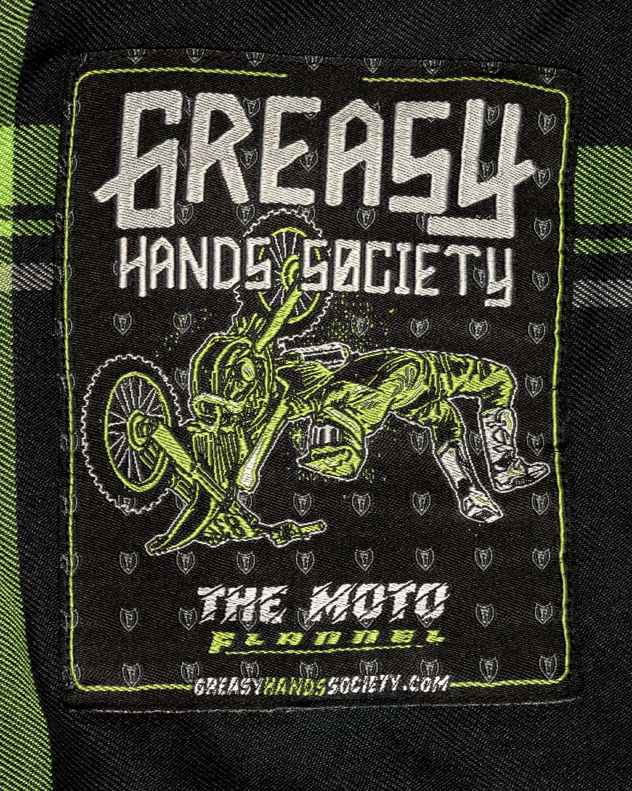 the moto flannel with motocross tag art detail