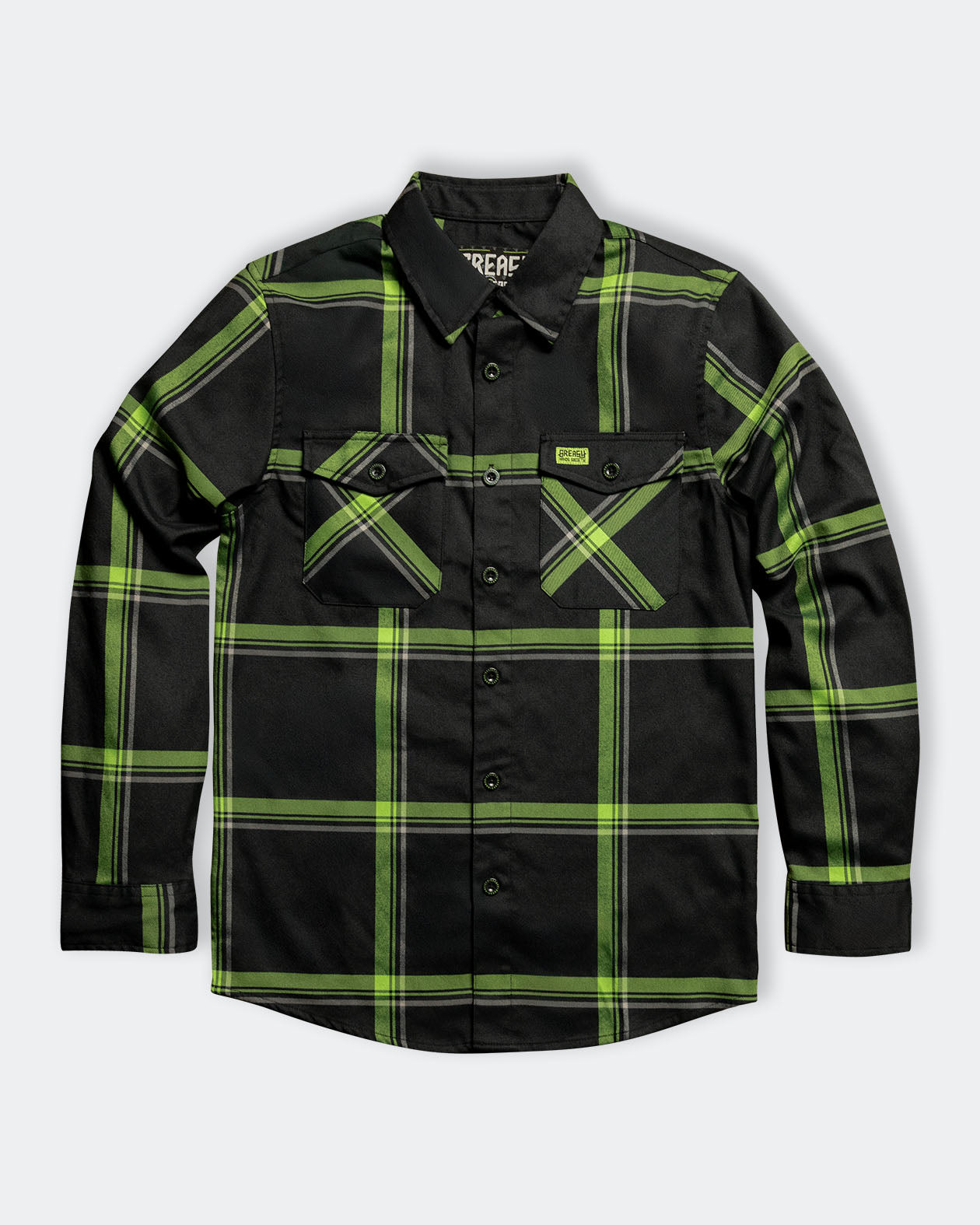 the moto black and green flannel flat lay front view on gray