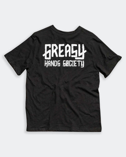 black greasy hands society logo graphic tee back view