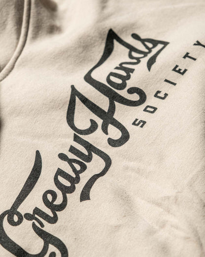 greasy hands society tan script hoodie detail