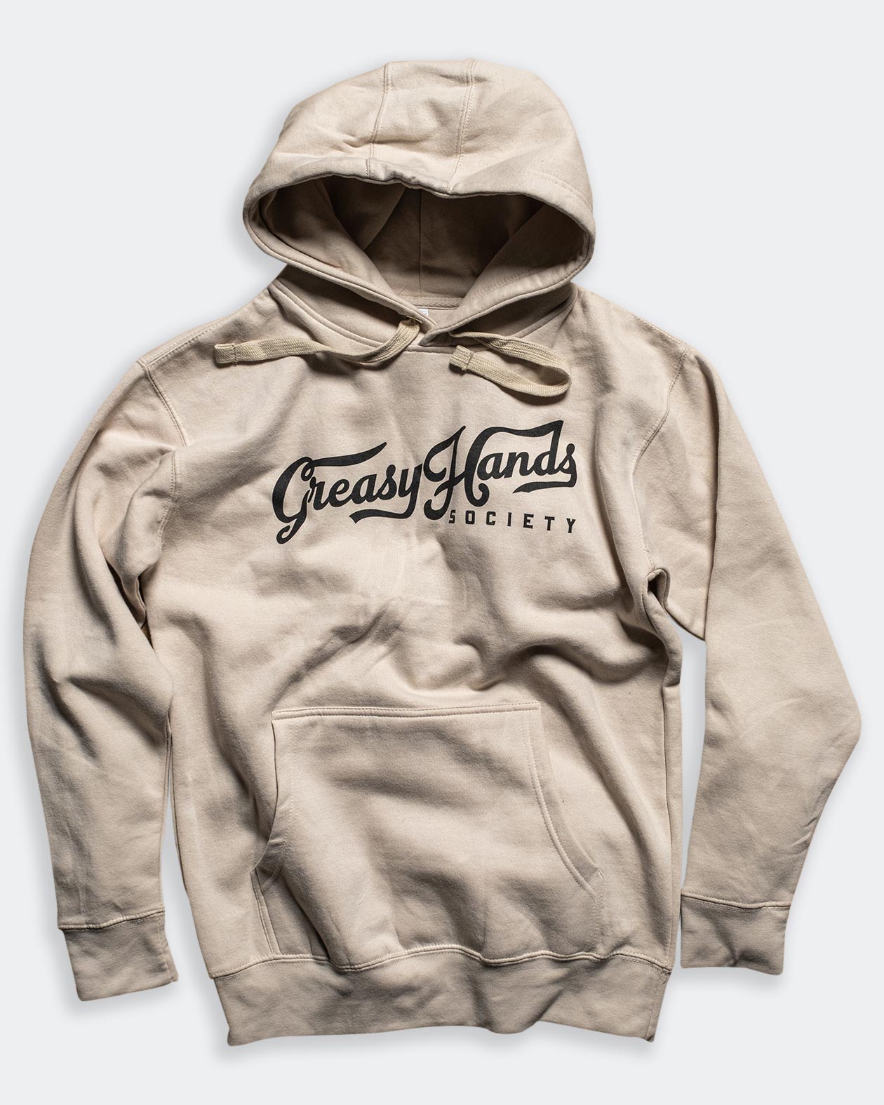 greasy hands society tan script hoodie