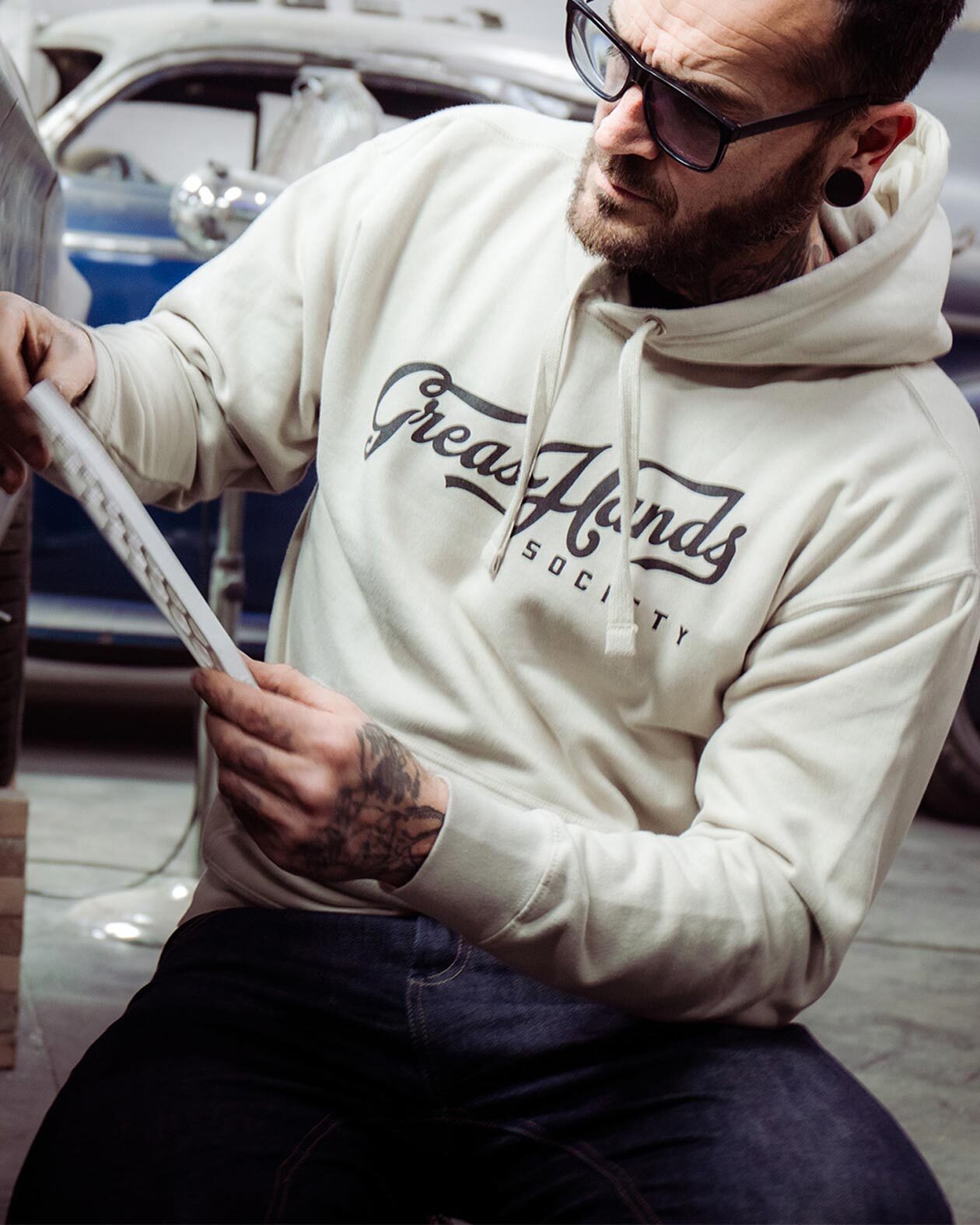 greasy hands society bone script hoodie