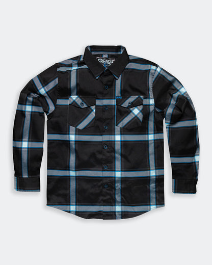 gravity fed black gray and blue flannel