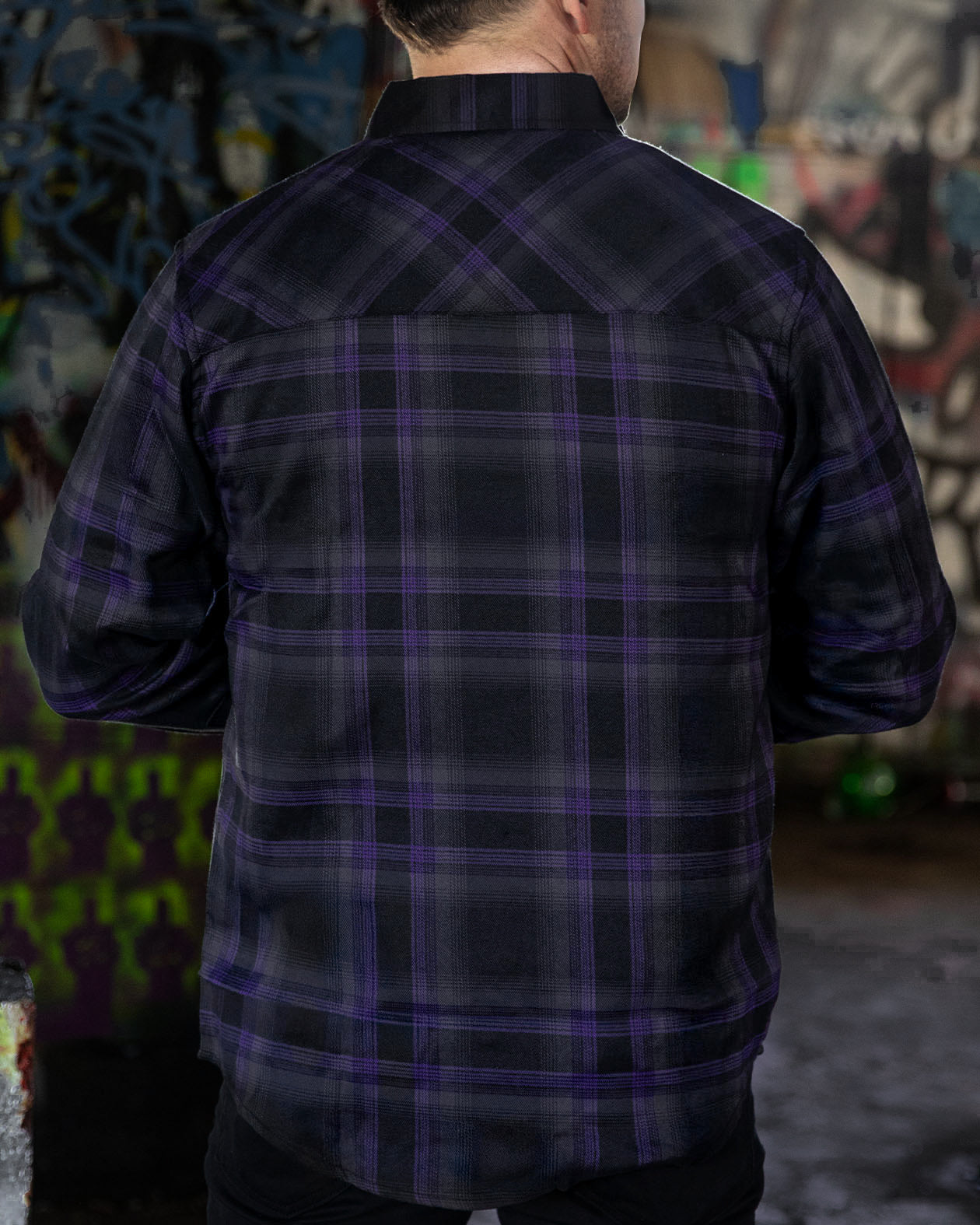 Kiss The Sky gray and purple plaid pattern flannel full back view