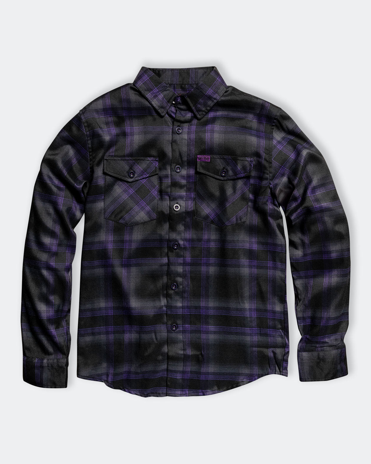 Kiss The Sky Flannel in purple and gray plaid pattern flat lay view on gray