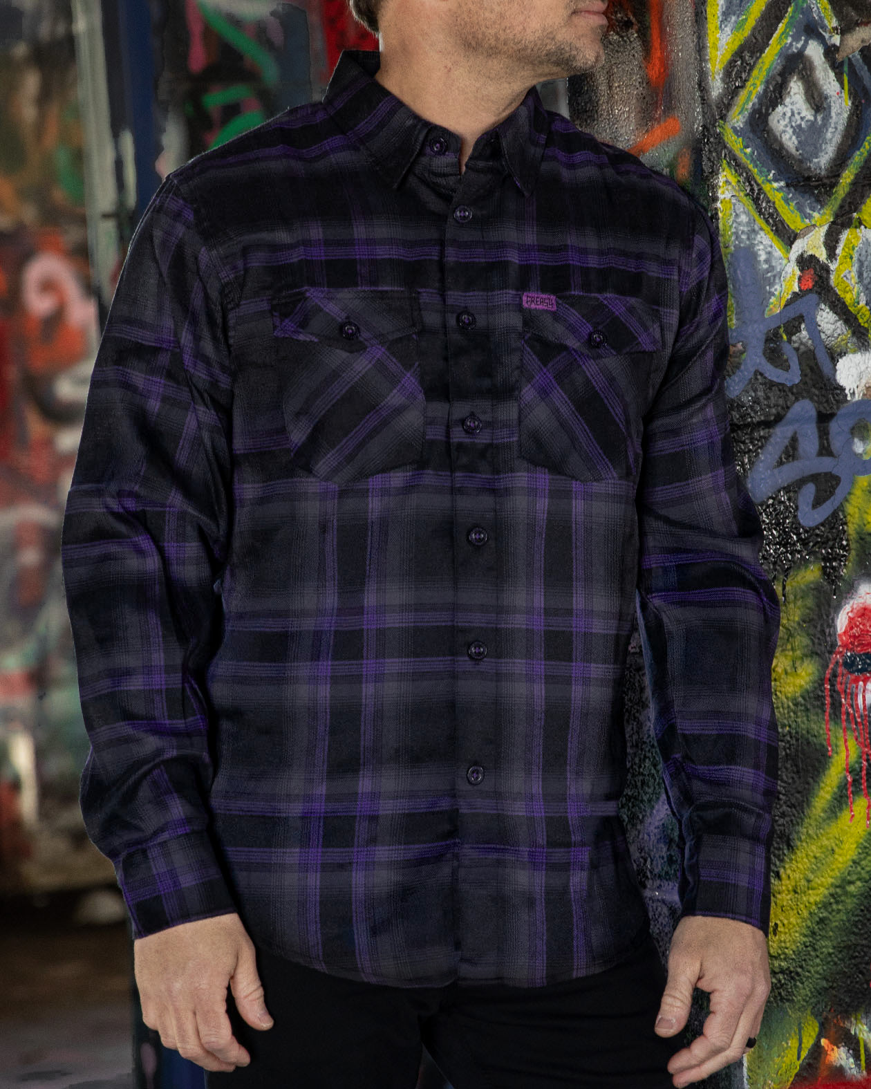 kiss the sky lightweight summer flannel black, purple, and gray