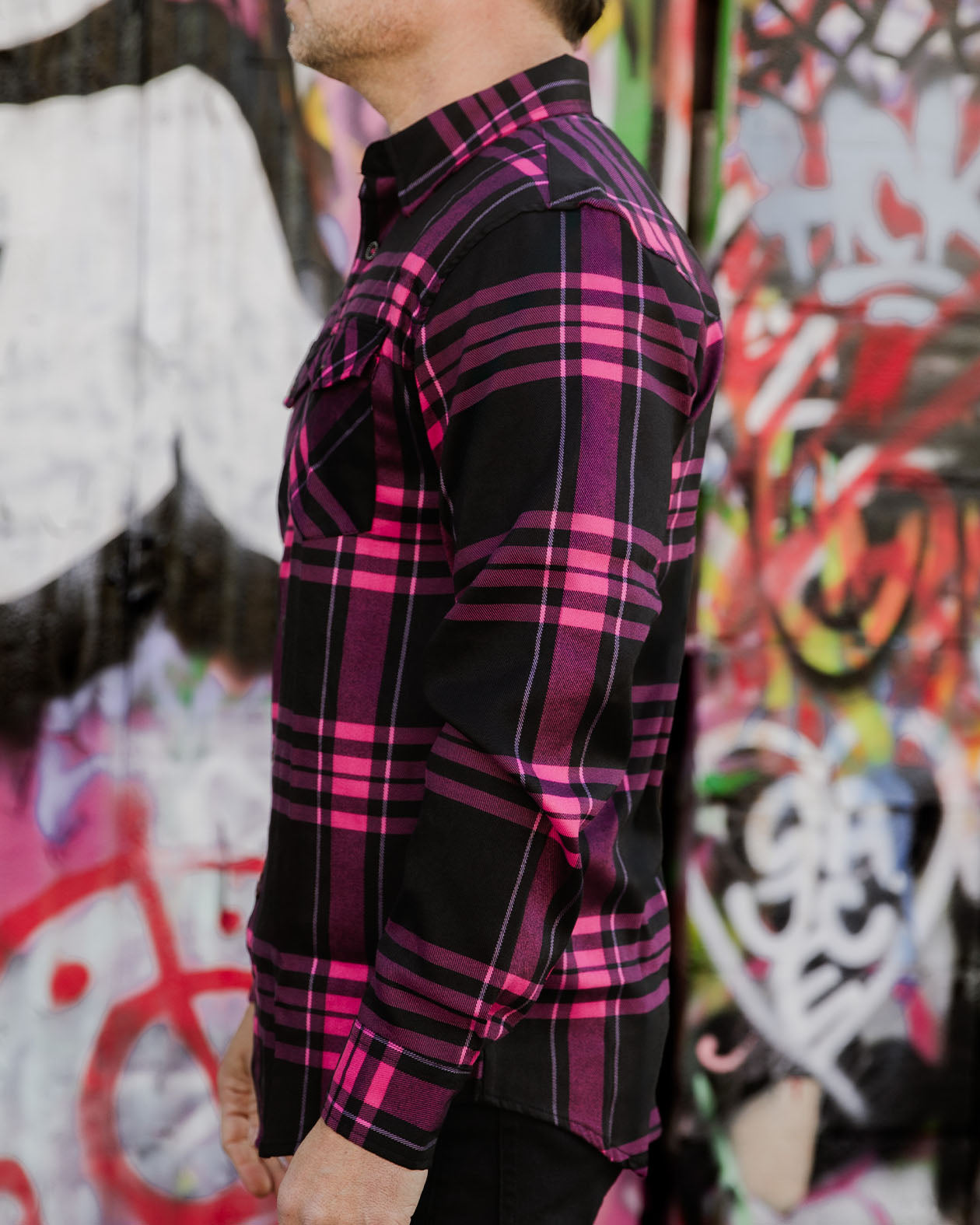 Lonely Heart Flannel black and pink flannel sideview on a model