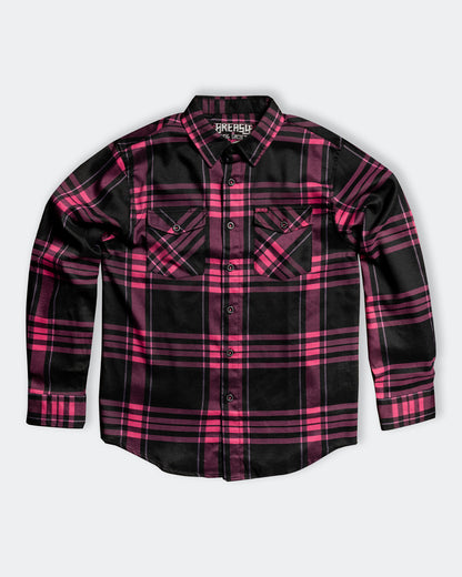 Lonely Heart pink and black plaid flannel flat lay front view on gray