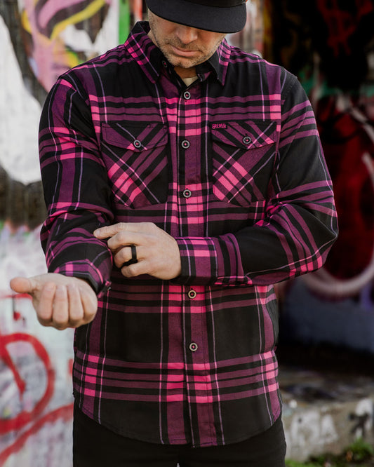 the lonely heart pink and black flannel front view on a model perfect for valentines day