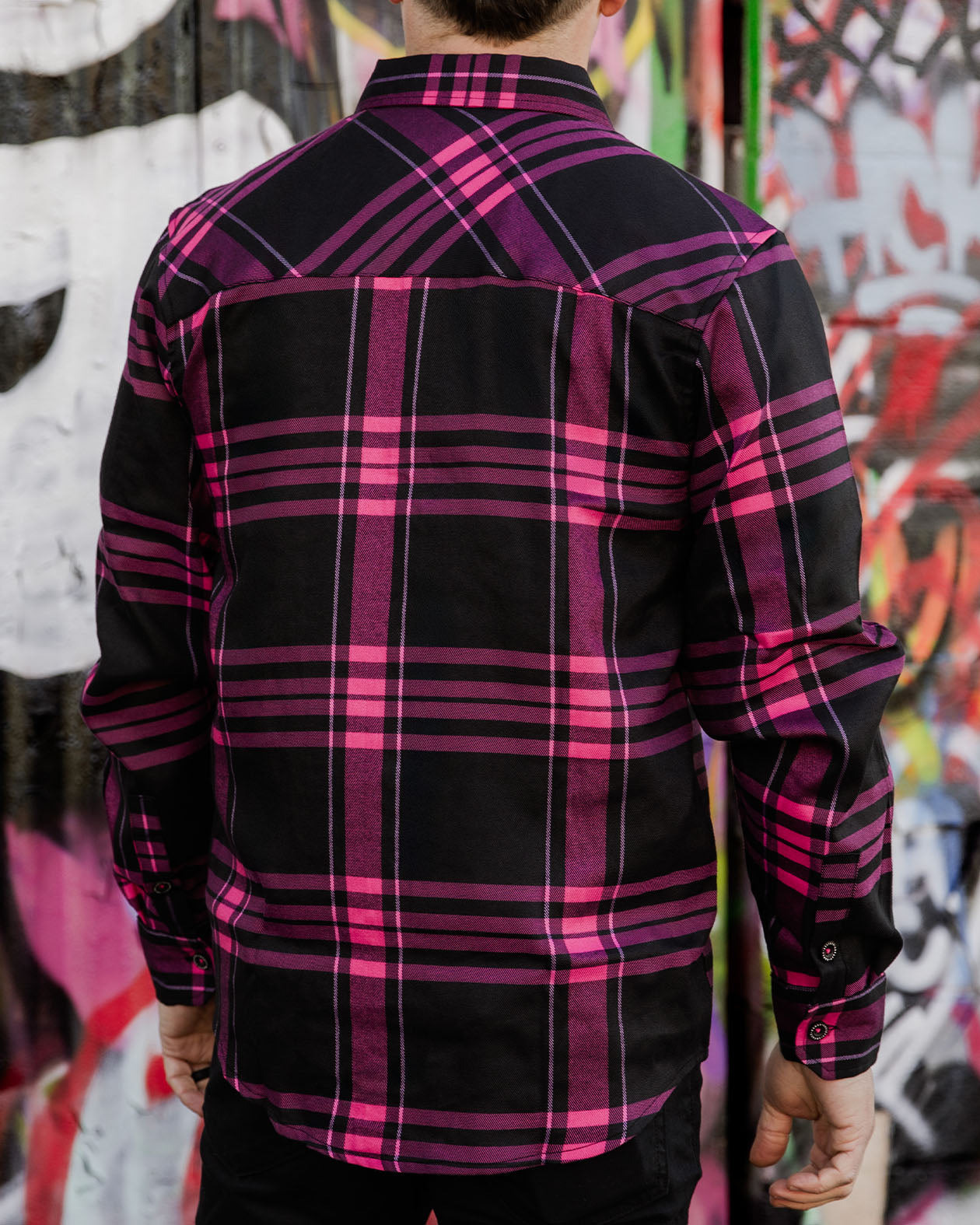 Lonely Heart Flannel full back view of the black and pink plaid pattern