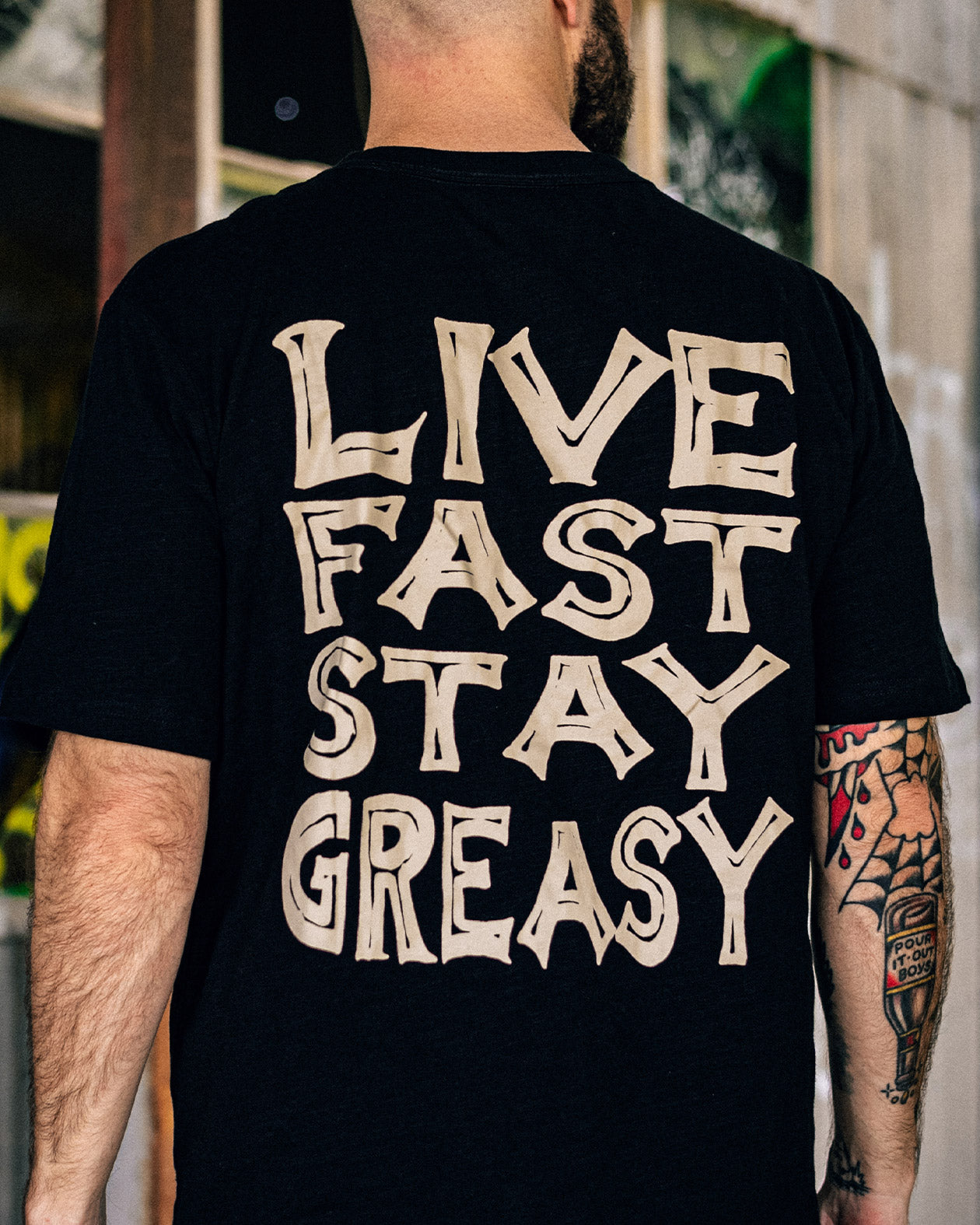 live fast stay greasy graphic tee full back graphic