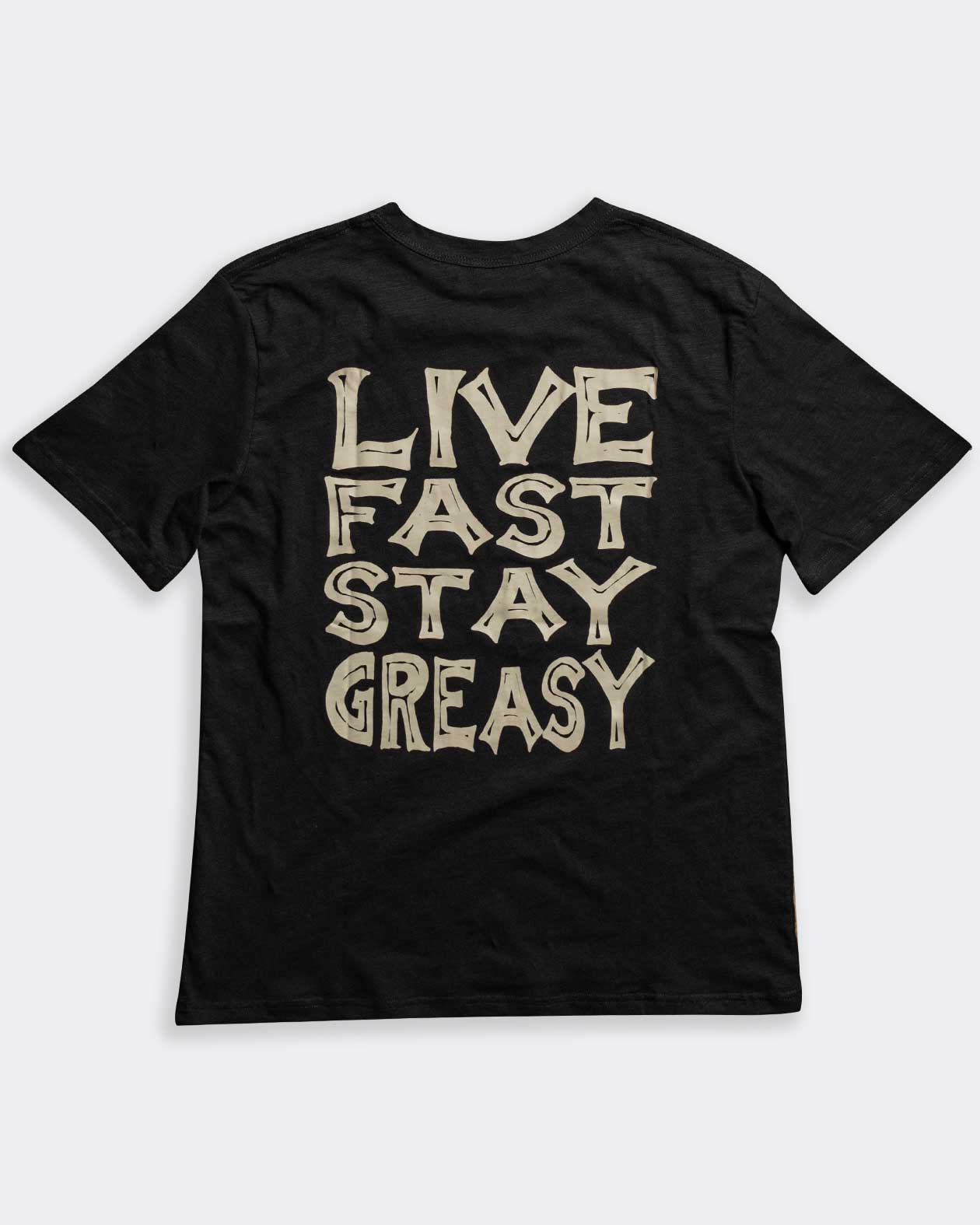 live fast stay greasy black tee from greasy hands society