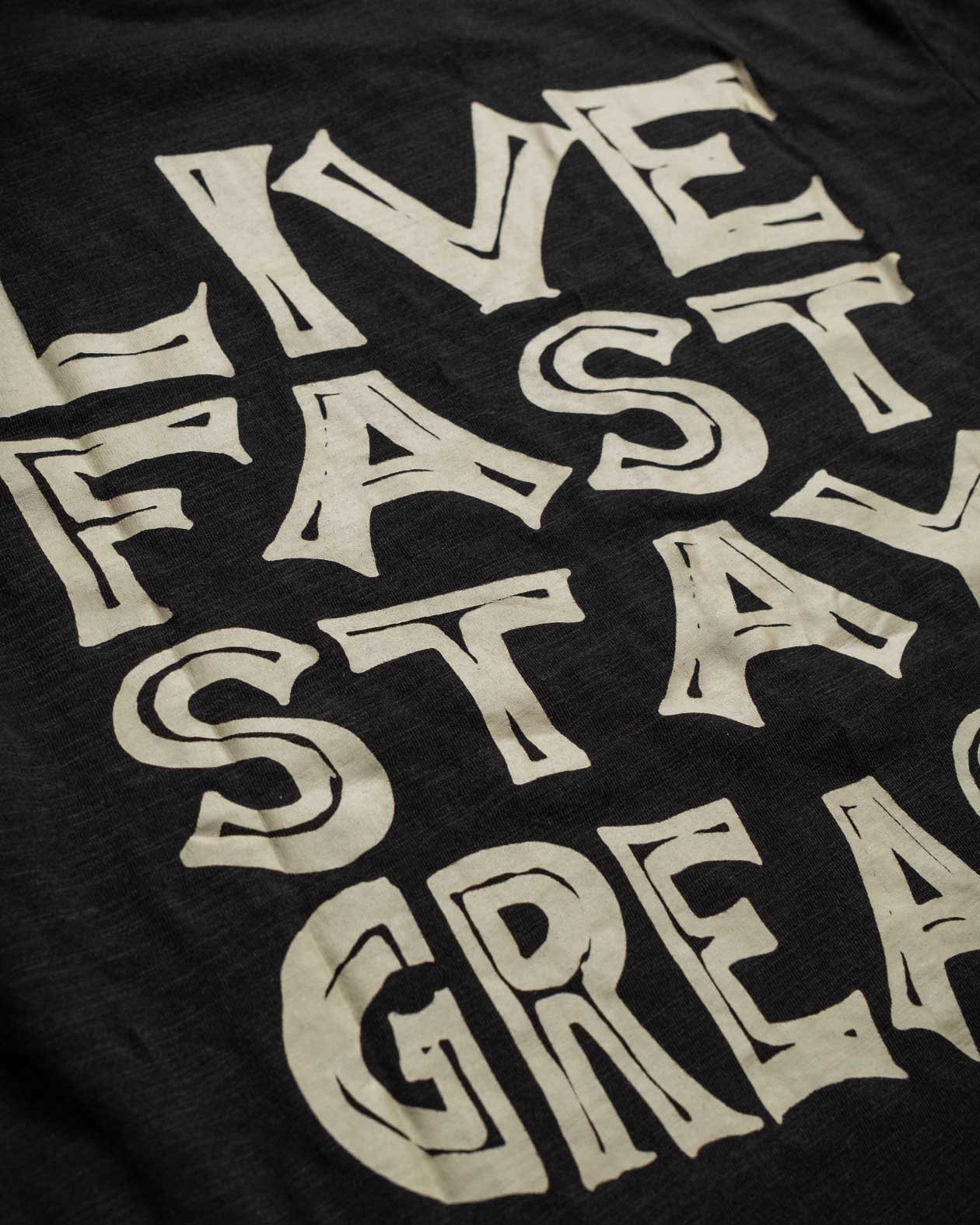 live fast stay greasy black tee from greasy hands society graphic detail