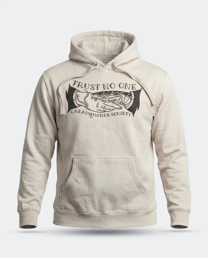 A cream-colored pullover hoodie with a black graphic print on the chest reading 'TRUST NO ONE' and 'GREASY HANDS SOCIETY' around an illustration of a hand holding a dripping scale, shown against a light gray background Trust no One Hoodie by Greasy Hands Society