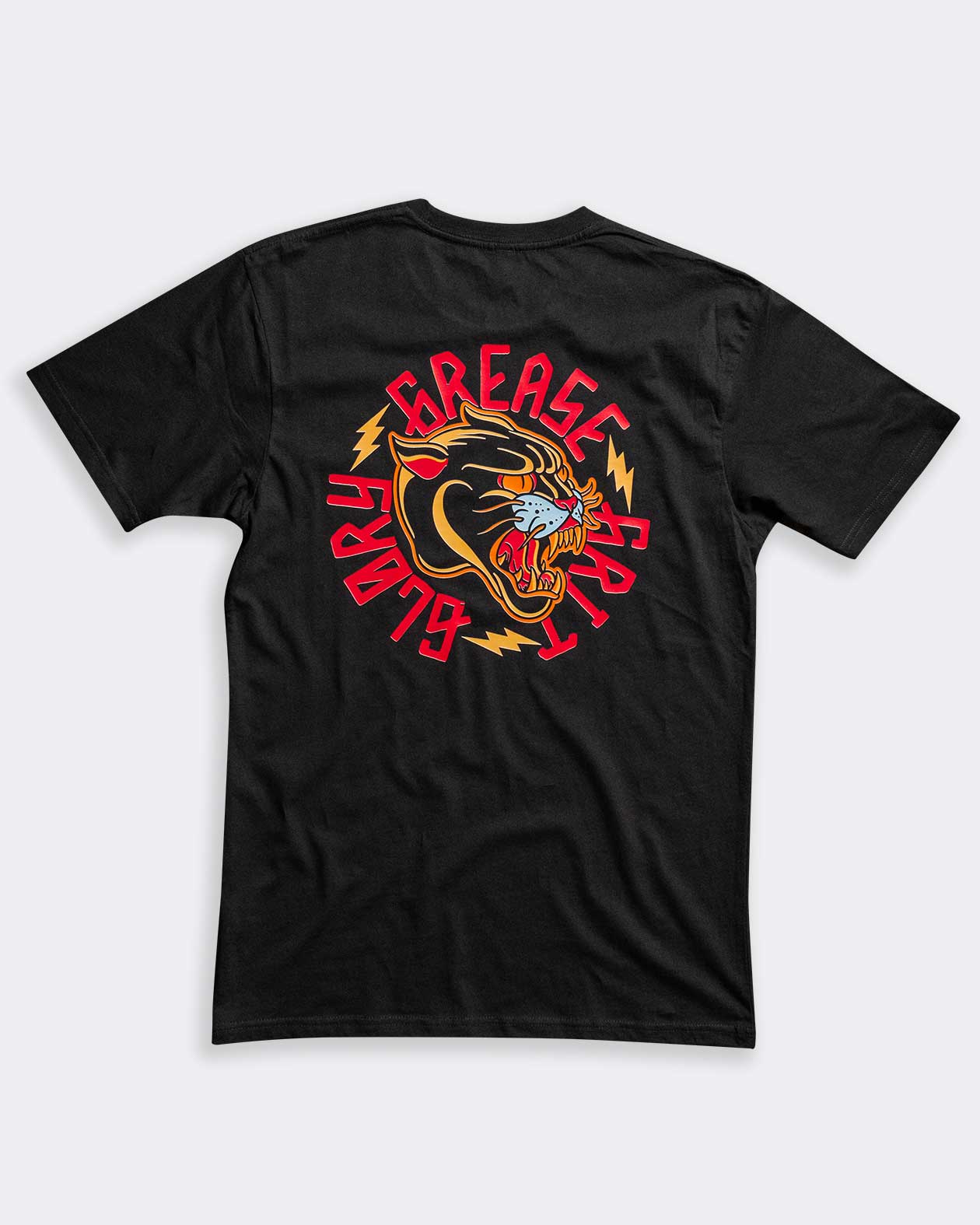 grease grit glory overdrive black graphic tee showing a panther