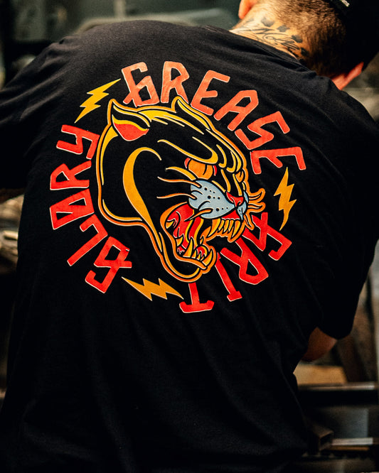 grease grit glory overdrive black graphic tee back graphic showing a panther