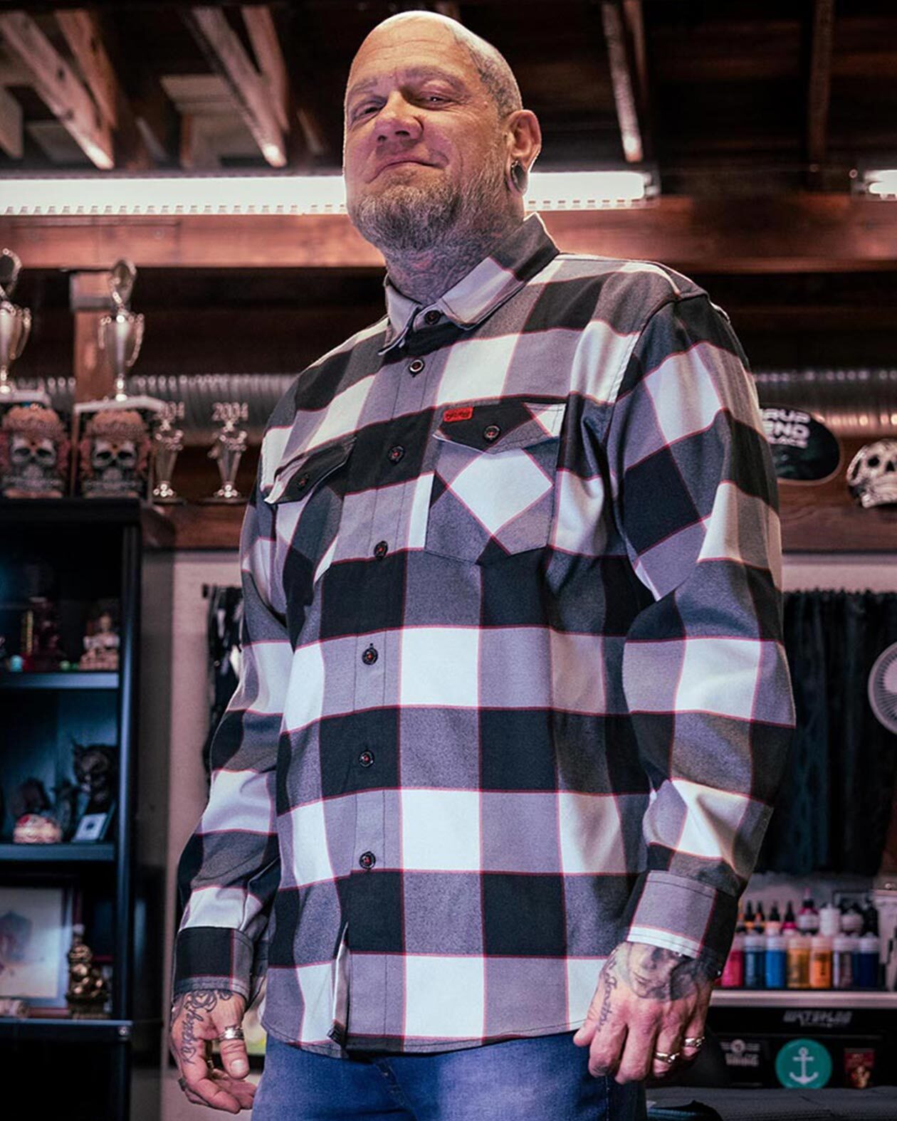 the banger black gray and red flannel front view on Billyjack Gunter - Local Dallas Tattoo Legend