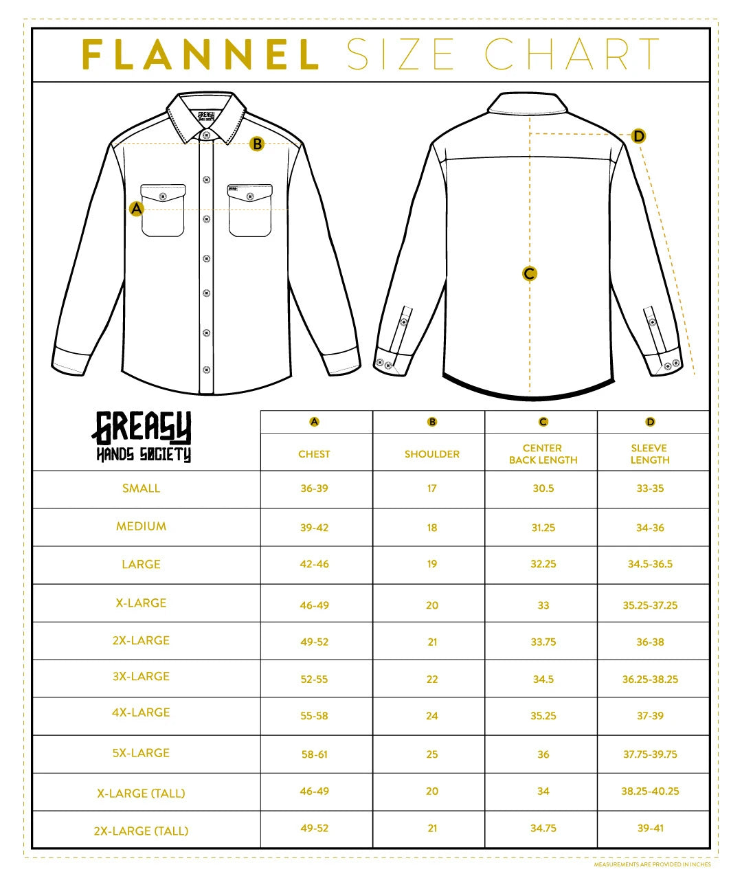 Size Chart | Flannels, T-Shirts, Button-Ups etc | Greasy Hands Society Size Chart | Flannels, T-Shirts, Button-Ups etc | Greasy Hands Society