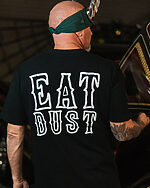 eat dust black graphic tee full back graphic on a model