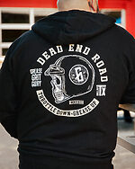 dead end zip up black hoodie full back graphic on a model