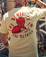 devil is in the details yellow tee shirt full back graphic of a devil