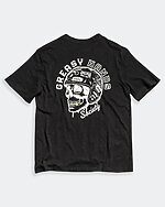 greasy hands society helmet on a skull on a black tshirt back side of a graphic tee
